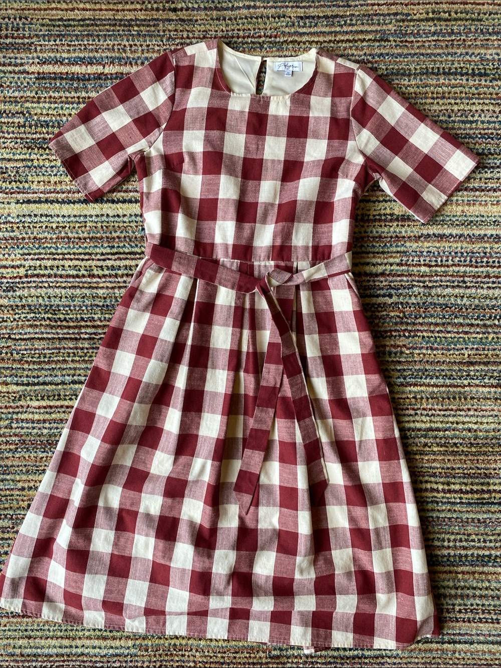 Polagram Burgundy and Cream Gingham Belted Dress
